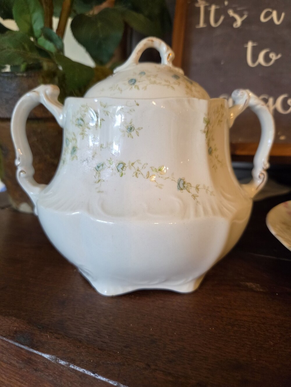 Classic White Ironstone Covered Sugar Bowl with Floral Trim
